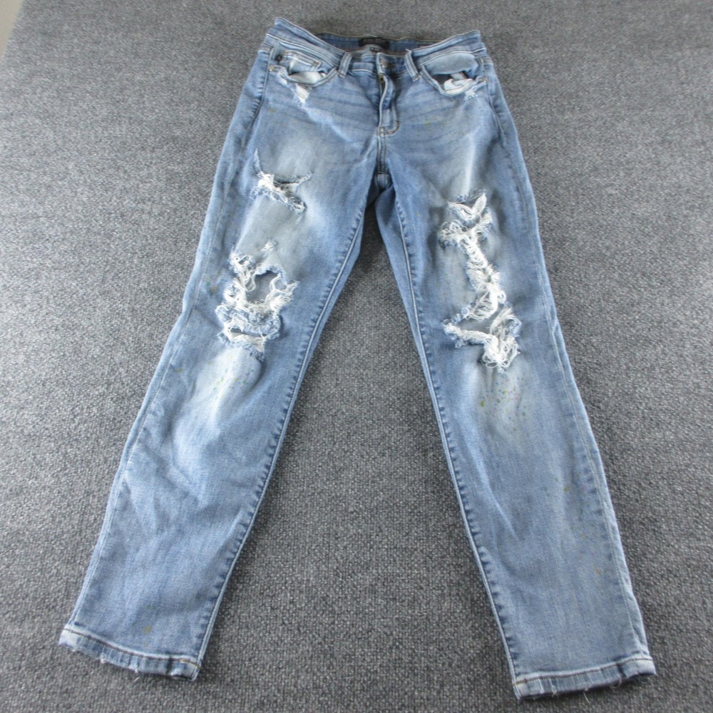 Judy Blue Jeans Womens 9/29 Blue Light Wash Distressed Boyfriend Stretch Denim